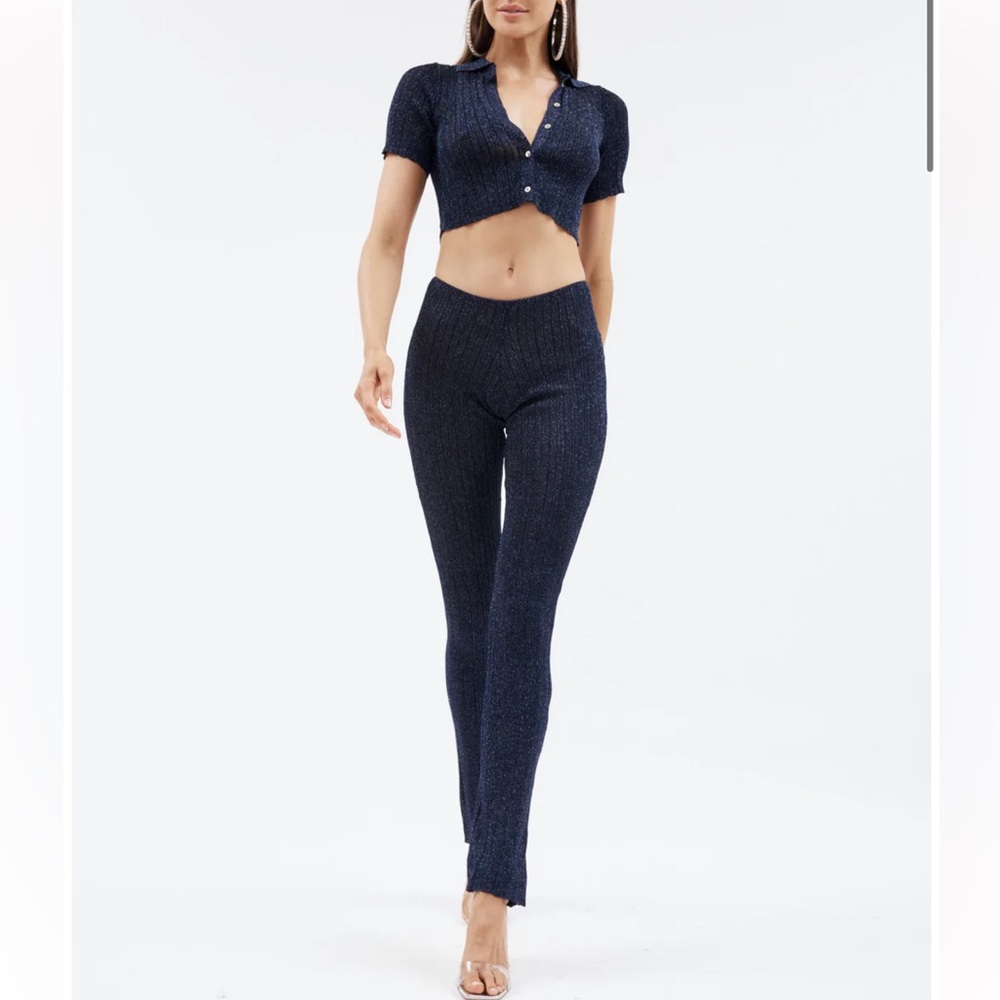 AYA MUSE Knit Flared Pants in Cento Midnight Size Small Semi-sheer Quiet Luxury